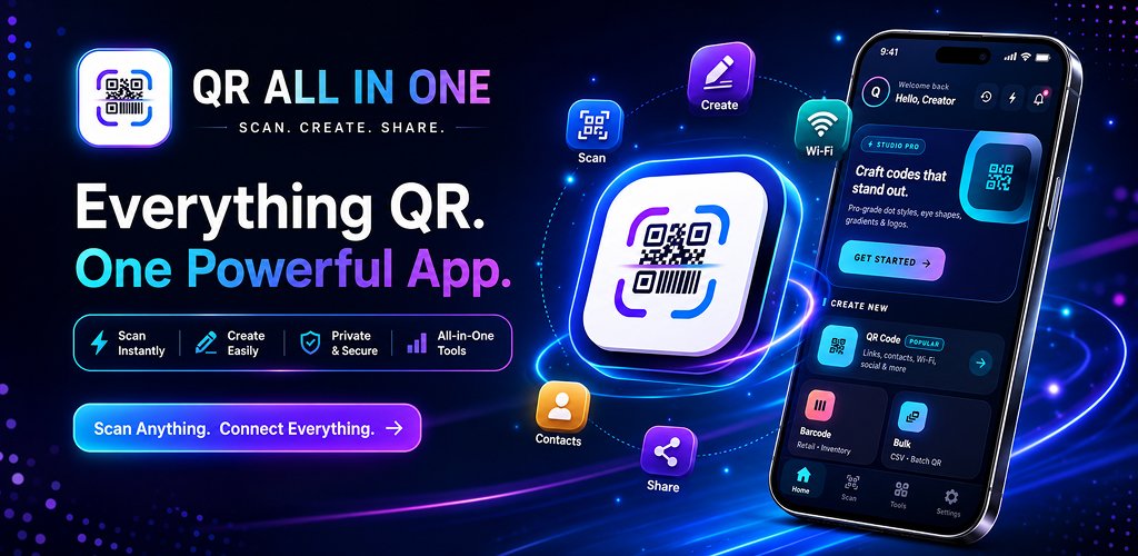 QR All In One Mobile Application Banner - Scanning QR code on phone screen